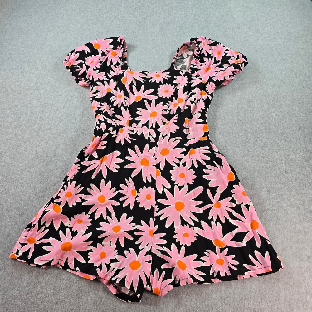 Lily Rose Black Pink Daisy Puff Sleeve Square Neck Romper Size S Pockets Chic